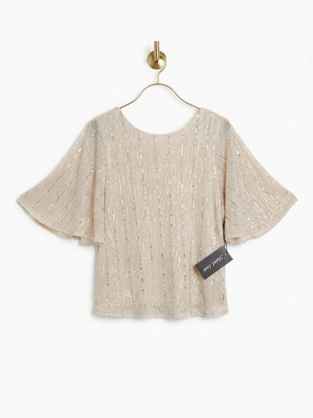 Sweet Rain Sequin Flutter Sleeve Top Beige Champagne Size M, NWT